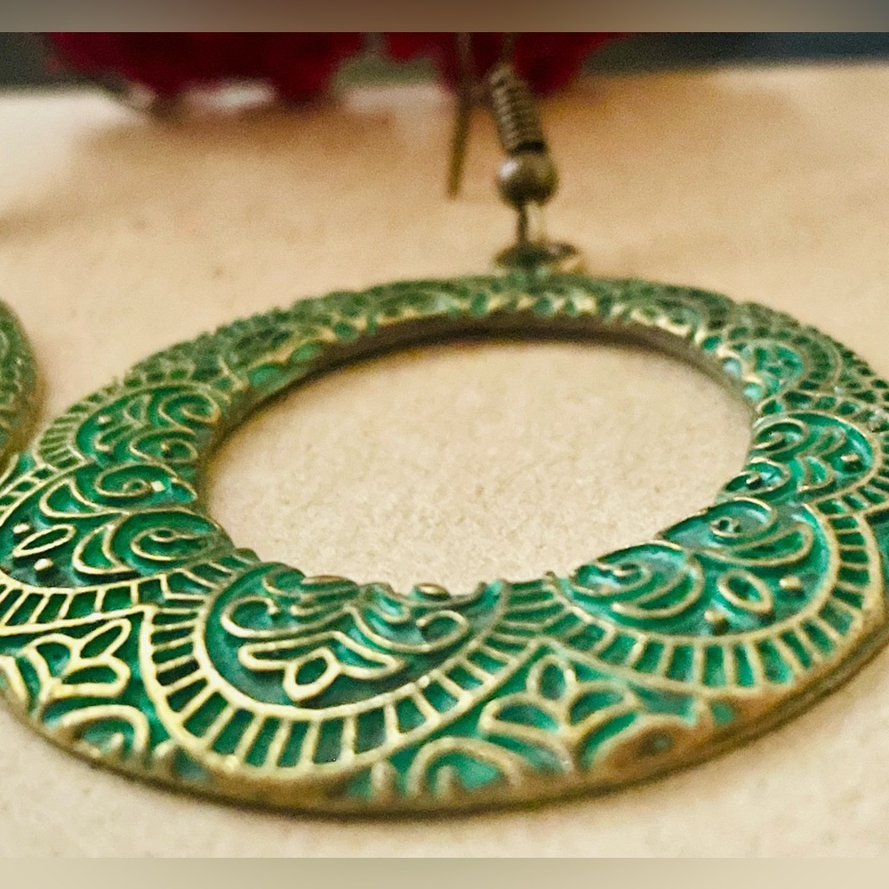 🔴Antique Brass Boho Drop Earrings with Embossed Mandala Design in Green Patina - Picture 6 of 13